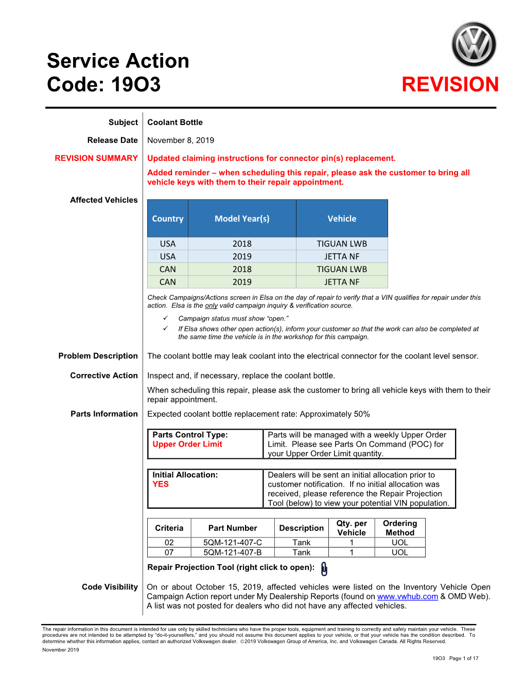 Service Action Code: 19O3 REVISION