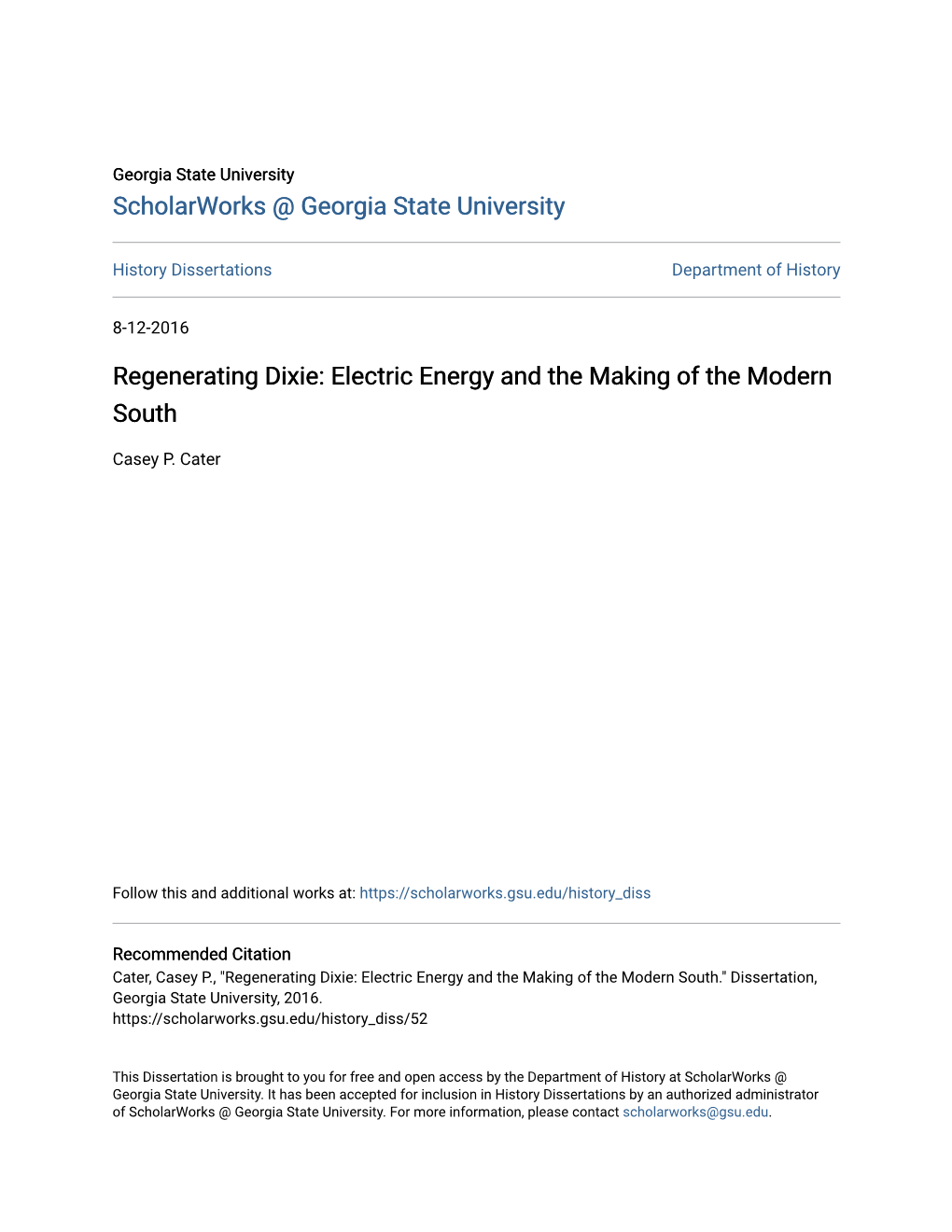 Regenerating Dixie: Electric Energy and the Making of the Modern South
