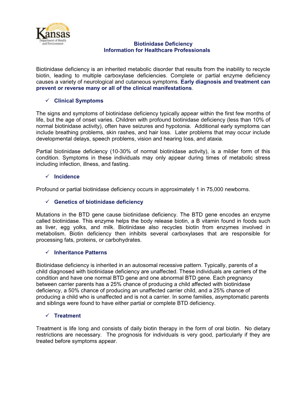 Biotinidase Deficiency Information for Healthcare Professionals