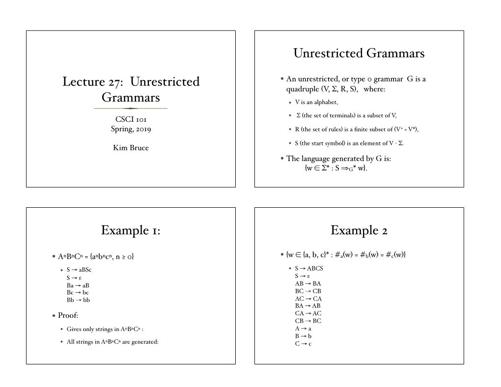 Lecture 27: Unrestricted Grammars Unrestricted Grammars Example 1