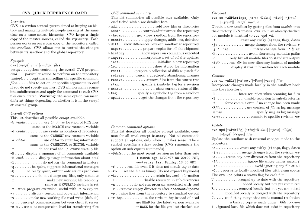 CVS QUICK REFERENCE CARD Overview CVS Is a Version Control System Aimed at Keeping an His- Tory and Managing Multiple People