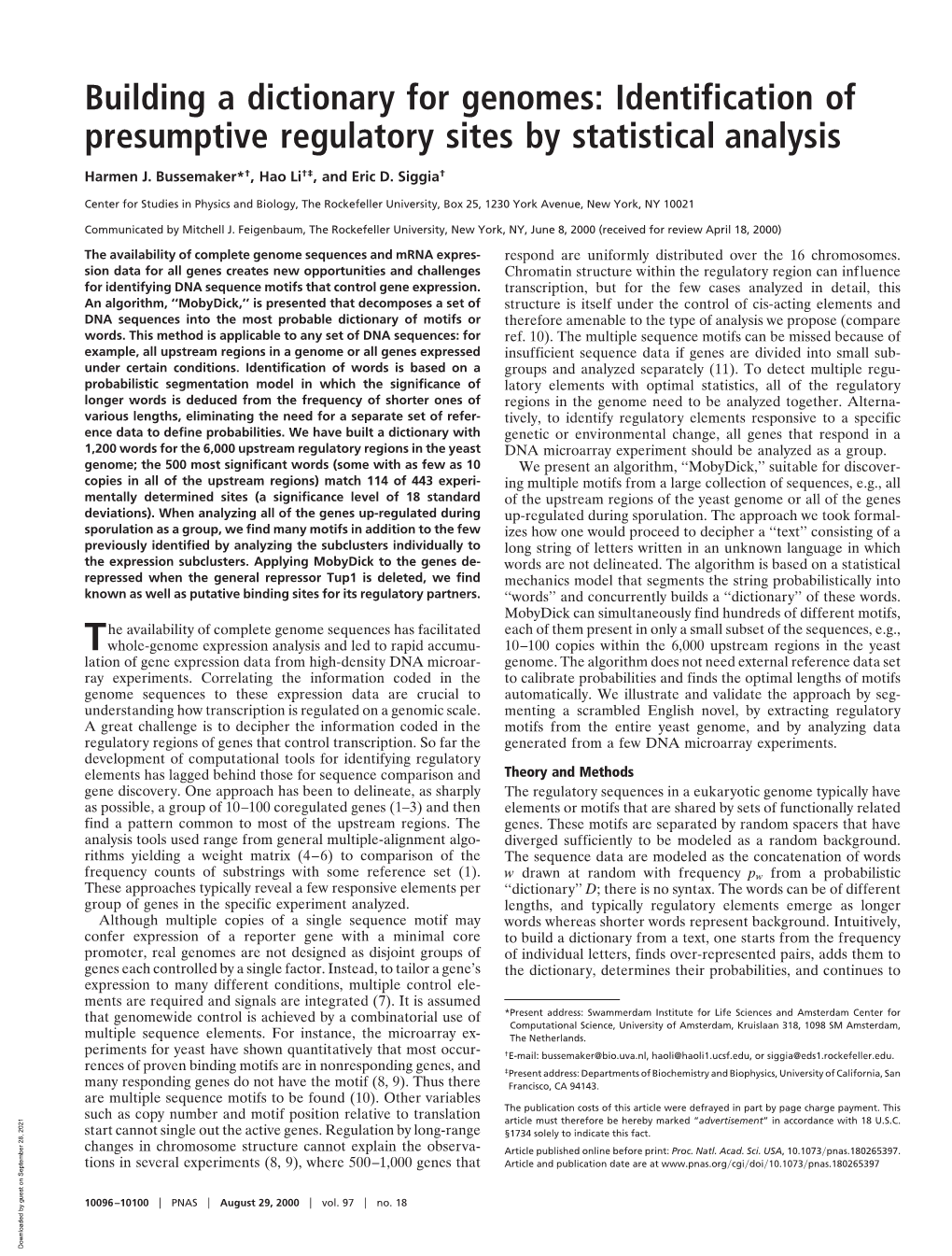 Building a Dictionary for Genomes: Identification of Presumptive Regulatory Sites by Statistical Analysis