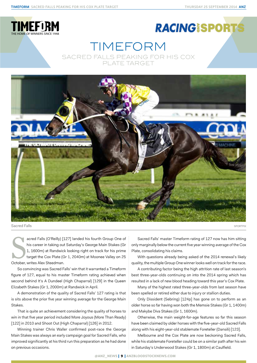 Timeform Sacred Falls Peaking for His Cox Plate Target Thursday 25 September 2014 Anz