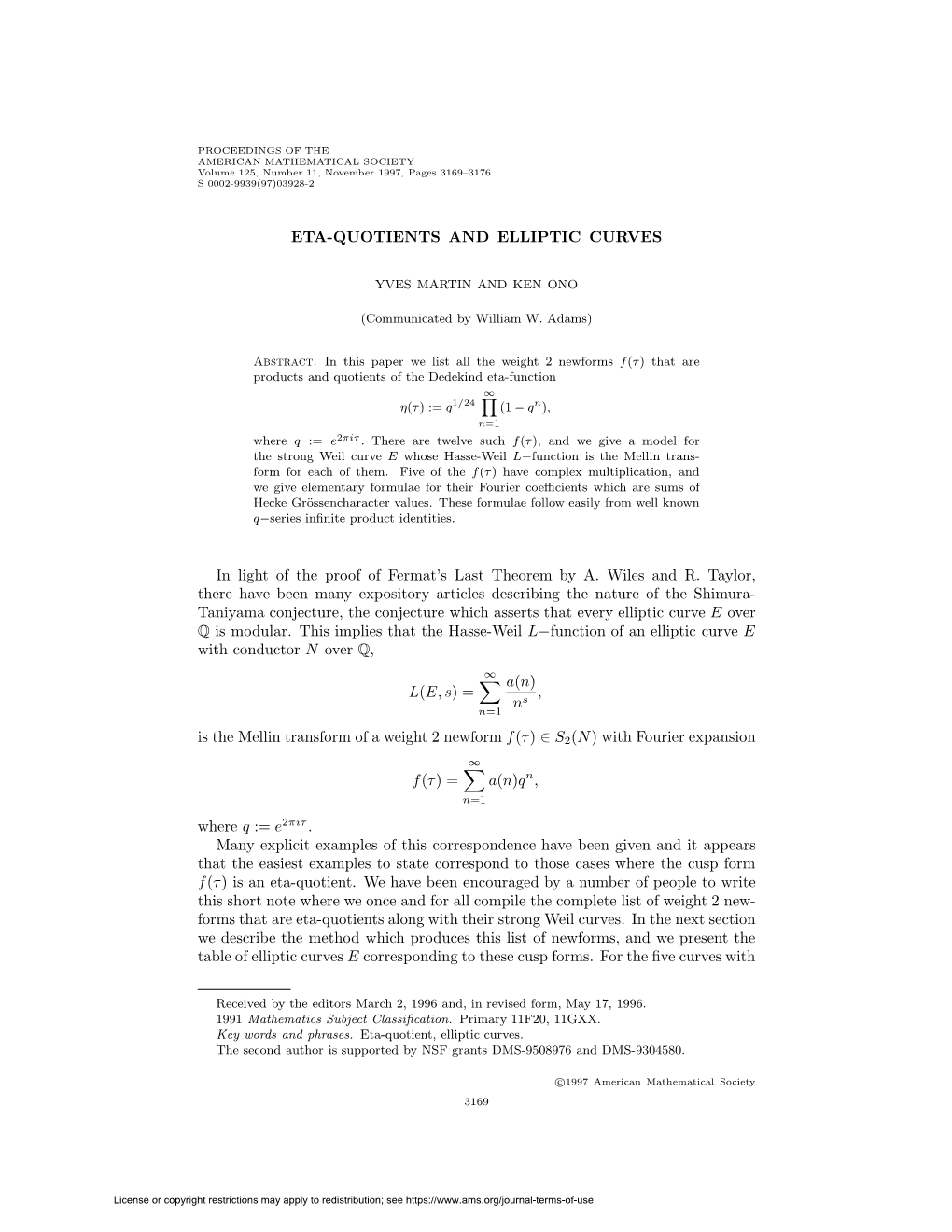 ETA-QUOTIENTS and ELLIPTIC CURVES in Light of the Proof Of