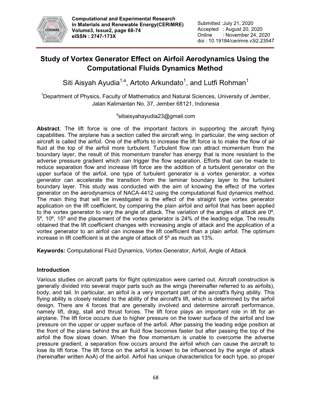 Study of Vortex Generator Effect on Airfoil Aerodynamics Using the Computational Fluids Dynamics Method