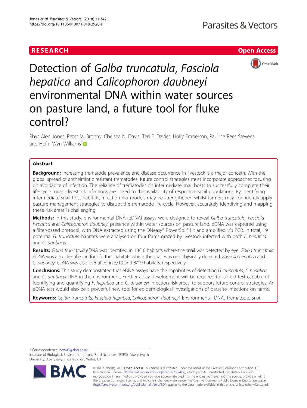 Calicophoron Daubneyi Environmental DNA Within Water Sources on Pasture Land, a Future Tool for Fluke Control? Rhys Aled Jones, Peter M