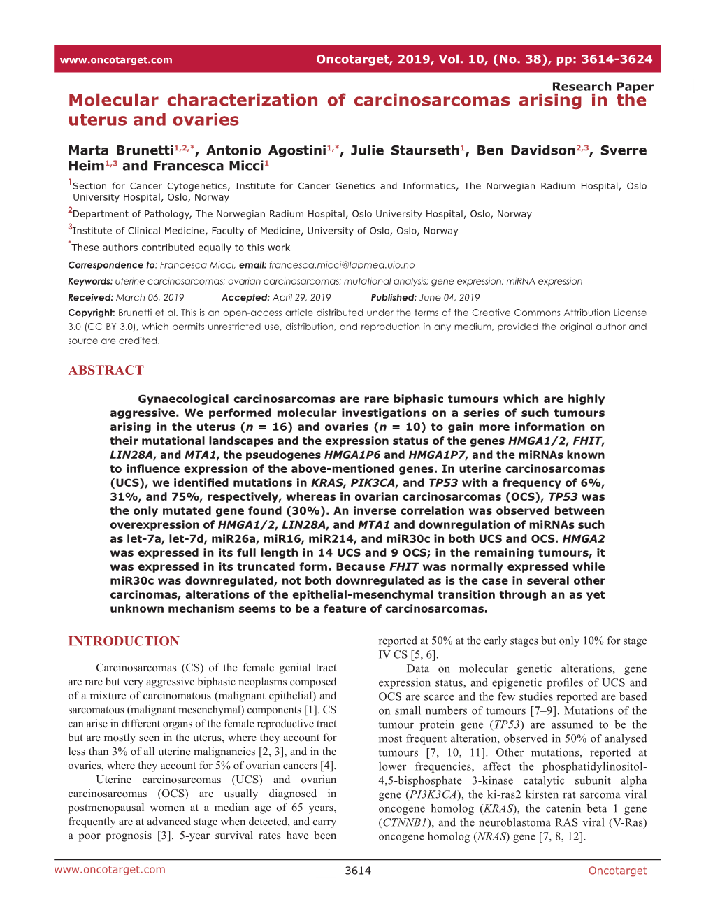 Molecular Characterization of Carcinosarcomas Arising in the Uterus and Ovaries