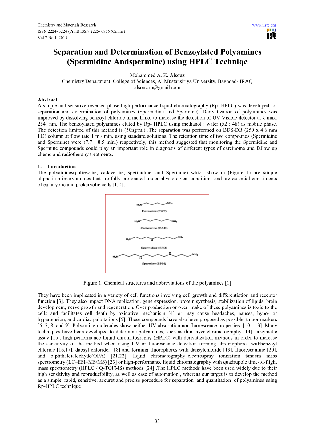 Separation and Determination of Benzoylated Polyamines (Spermidine Andspermine) Using HPLC Techniqe