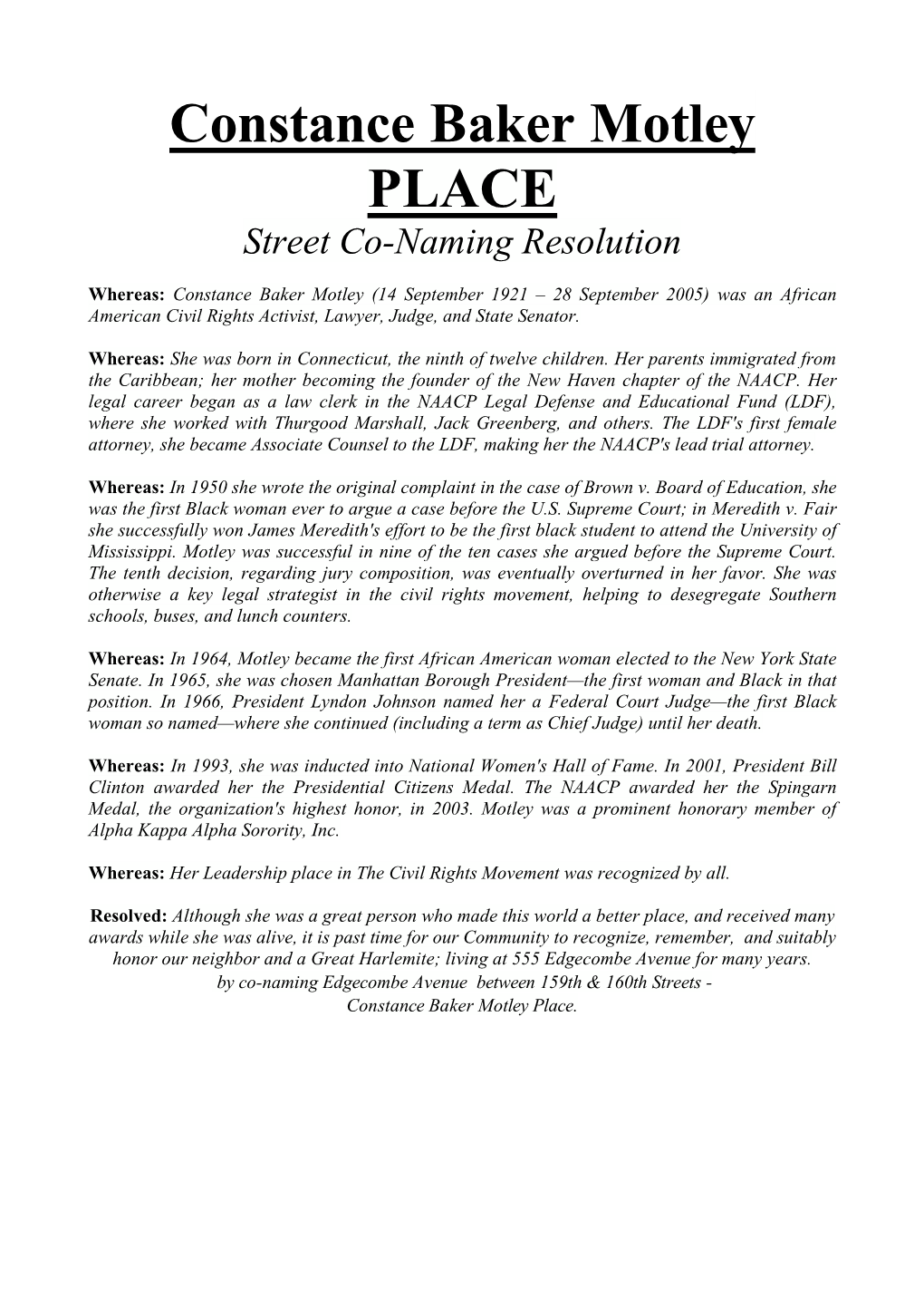 Constance Baker Motley PLACE Street Co-Naming Resolution