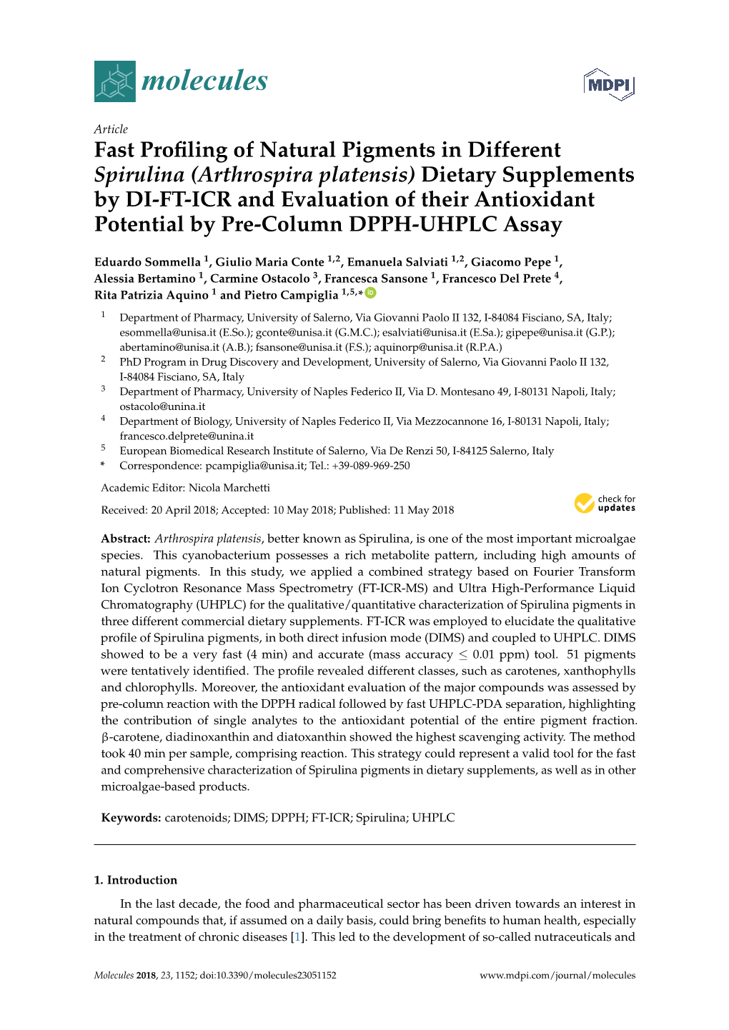 Fast Profiling of Natural Pigments in Different Spirulina