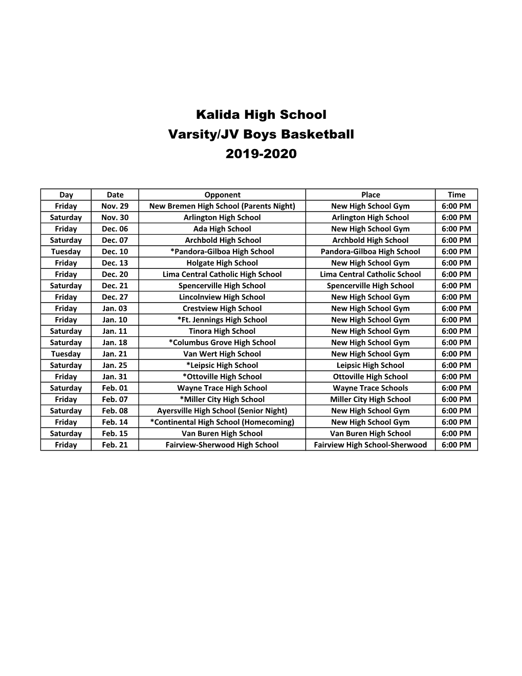 Kalida High School Varsity/JV Boys Basketball 2019-2020