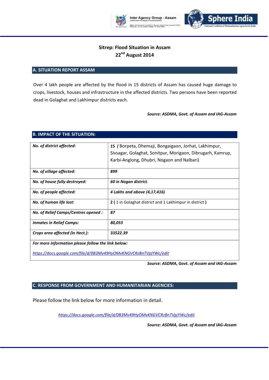 Sitrep: Flood Situation in Assam 22Nd August 2014 Please Follow the Link