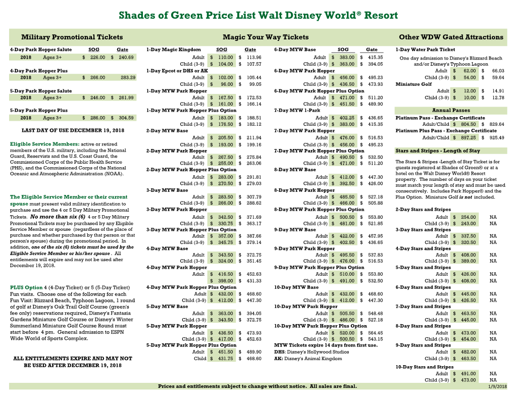 Shades of Green Price List Walt Disney World® Resort