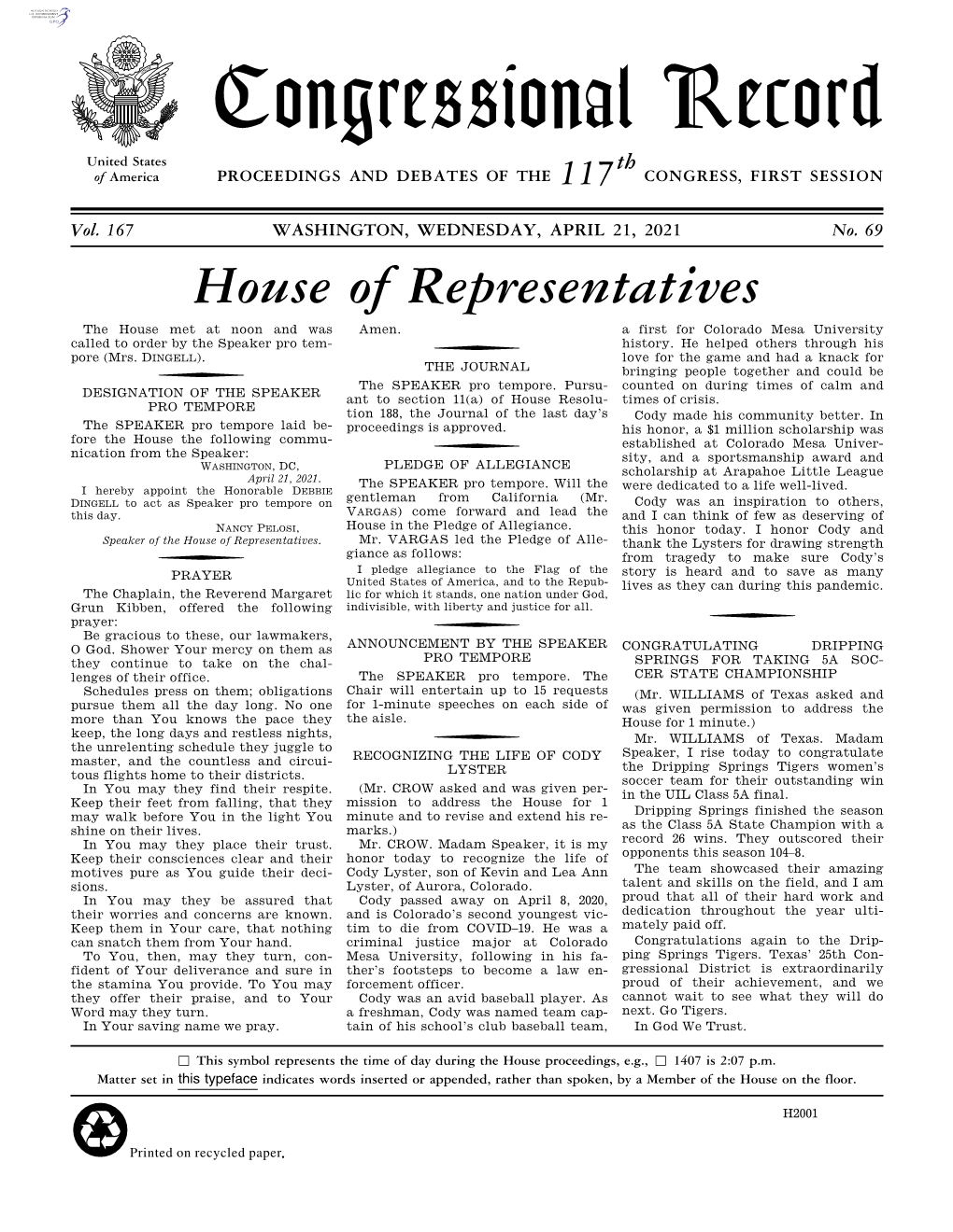 Congressional Record United States Th of America PROCEEDINGS and DEBATES of the 117 CONGRESS, FIRST SESSION