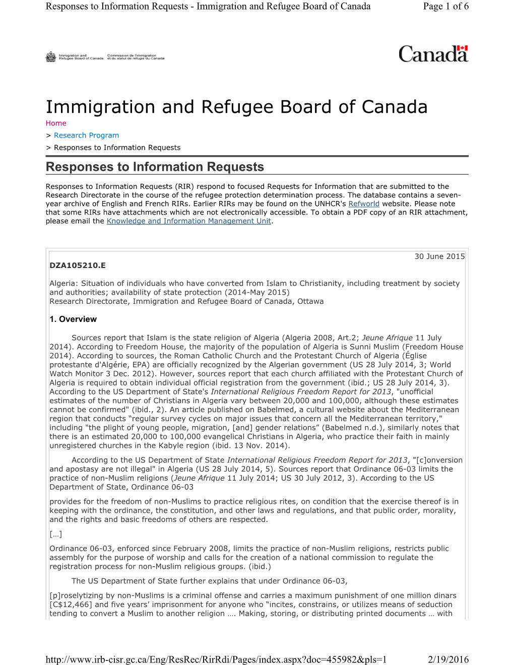 Immigration and Refugee Board of Canada Page 1 of 6