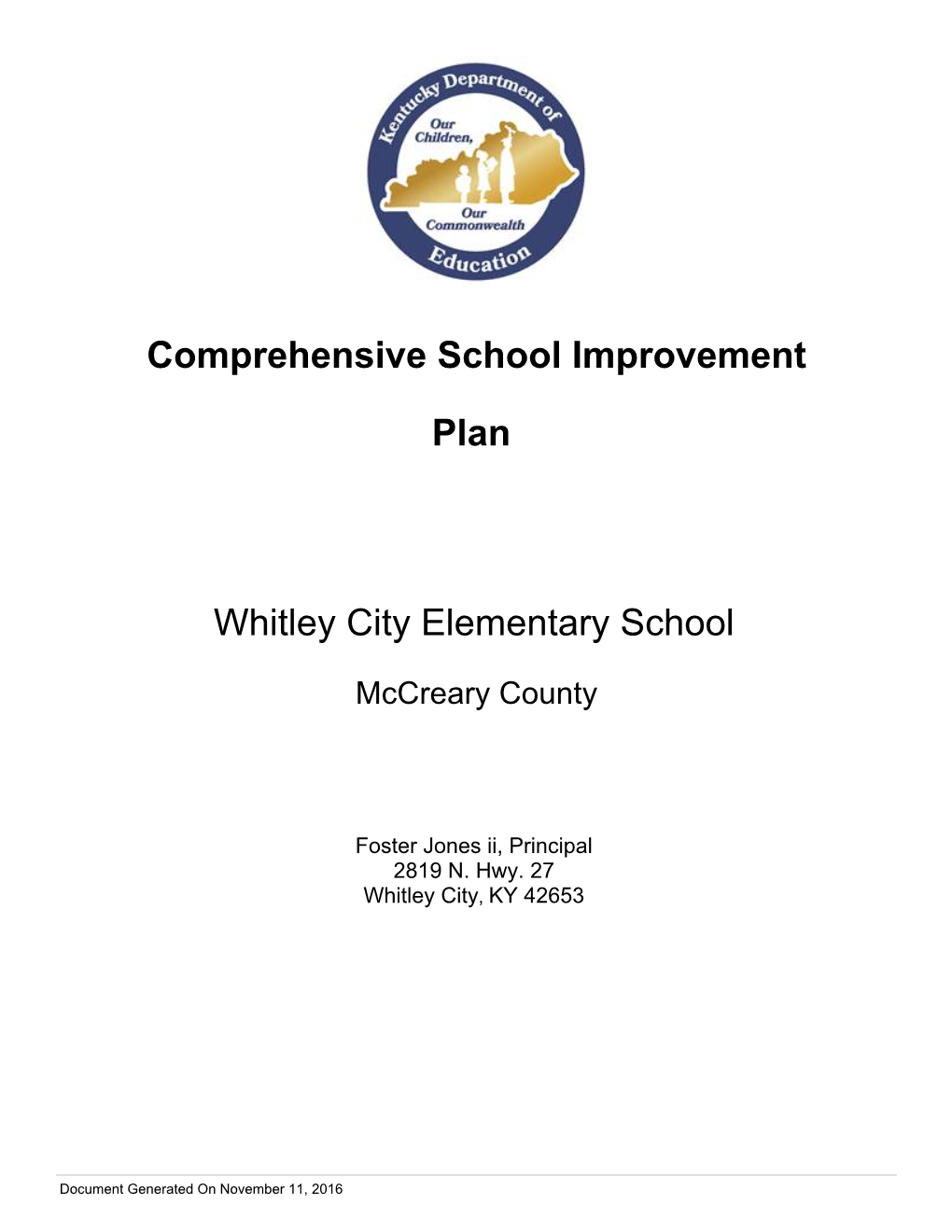 Comprehensive School Improvement Plan Whitley City Elementary School