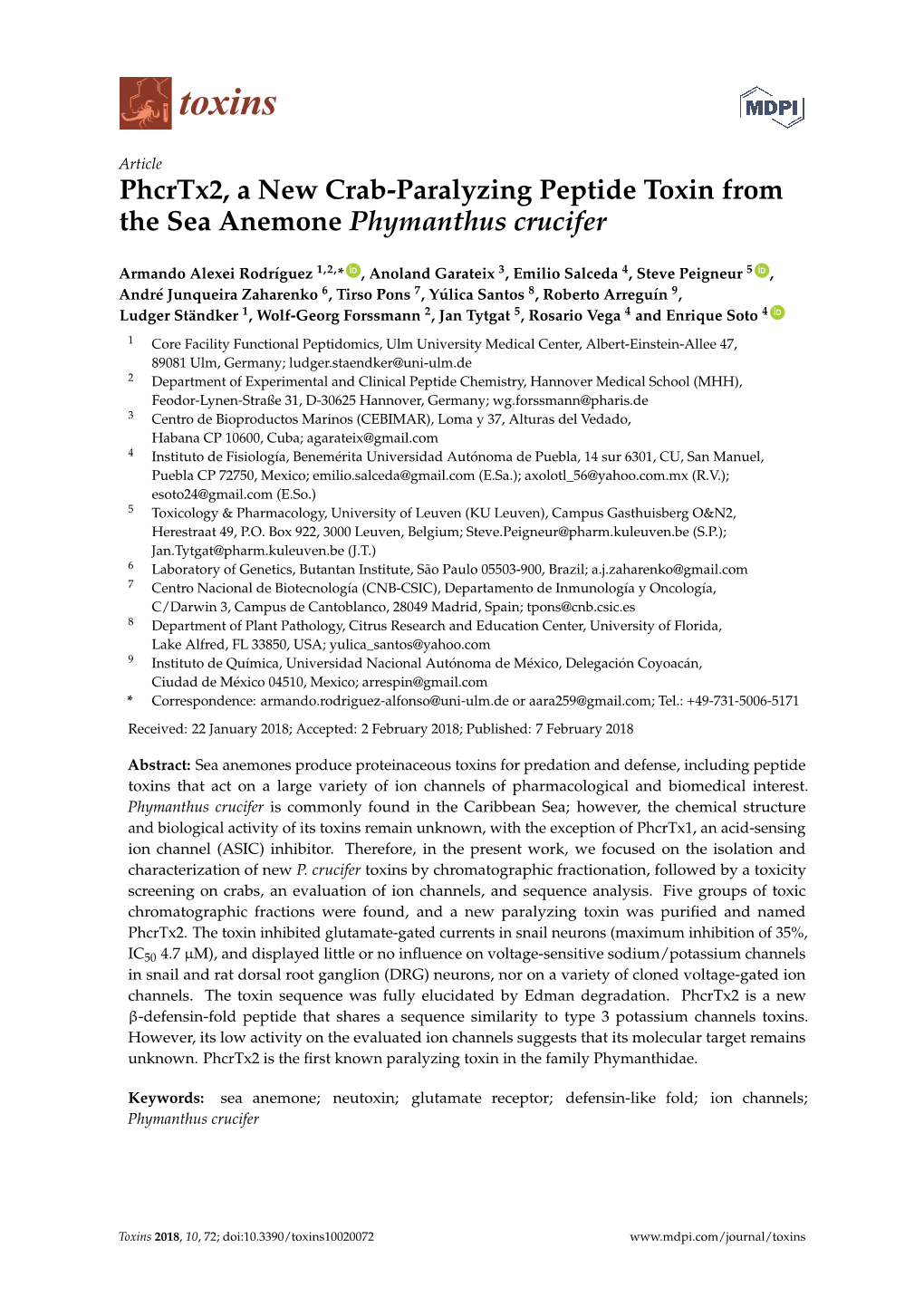 Phcrtx2, a New Crab-Paralyzing Peptide Toxin from the Sea Anemone Phymanthus Crucifer