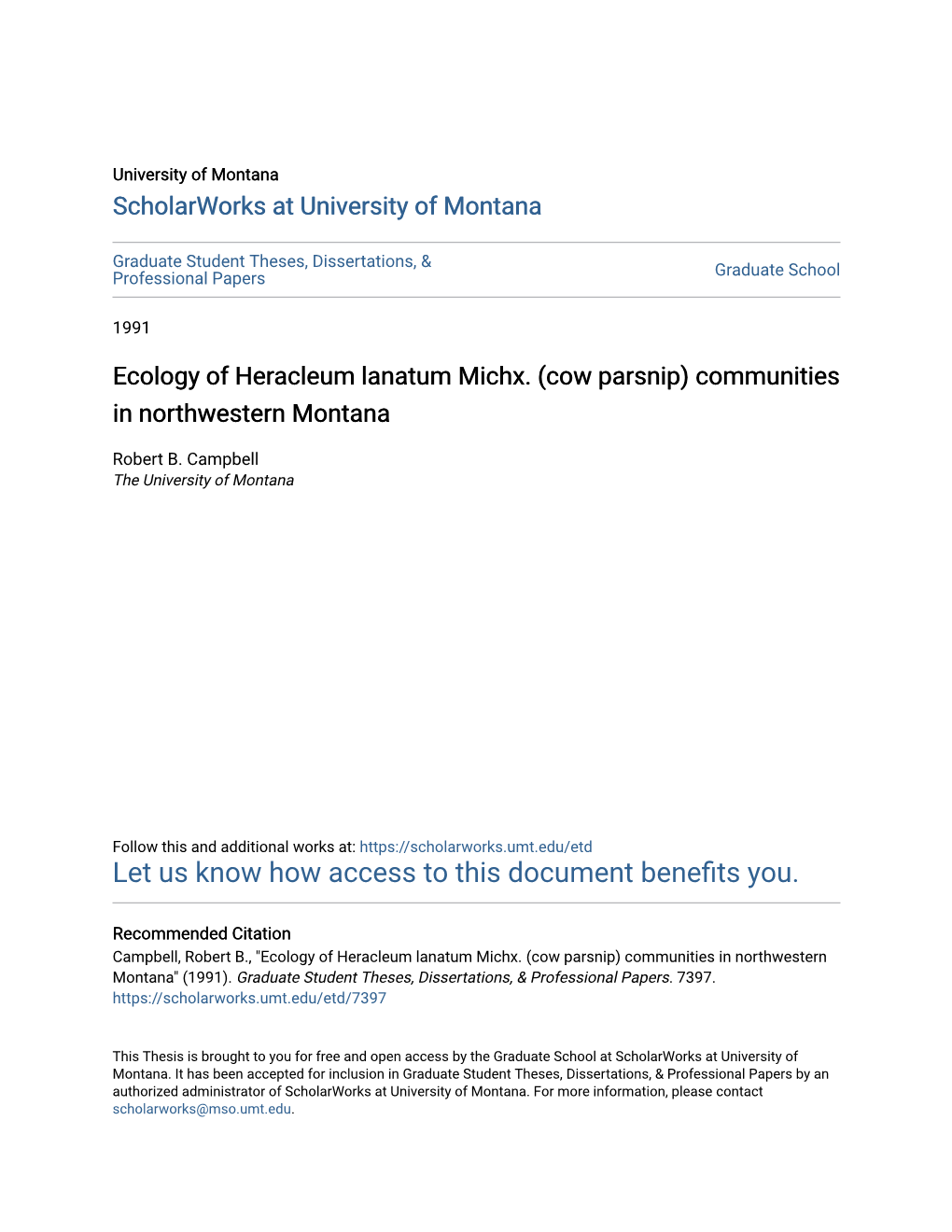 Cow Parsnip) Communities in Northwestern Montana