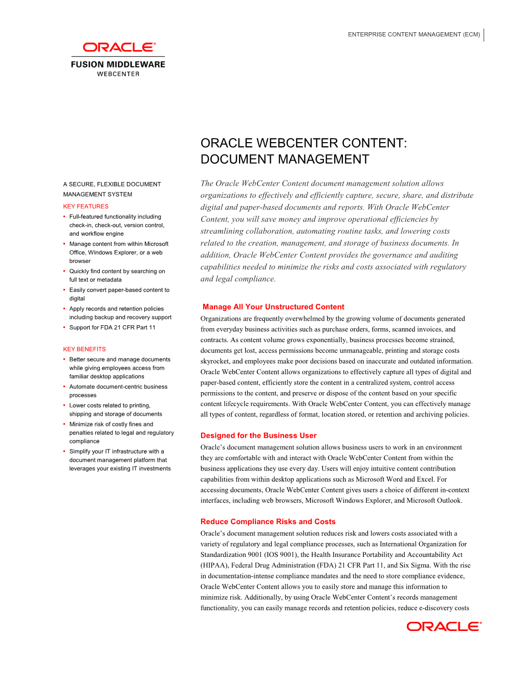 Oracle Webcenter Content: Document Management Data Sheet