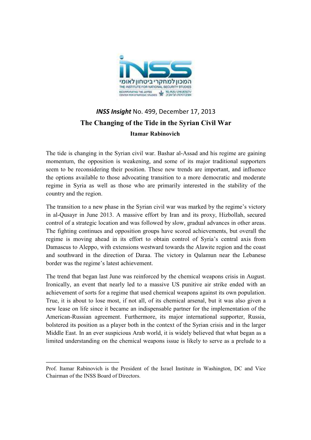 The Changing of the Tide in the Syrian Civil War Itamar Rabinovich