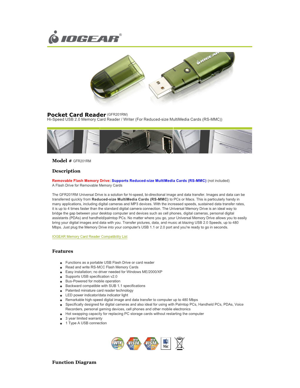 Pocket Card Reader (GFR201RM) Hi-Speed USB 2.0 Memory Card Reader / Writer (For Reduced-Size Multimedia Cards (RS-MMC))