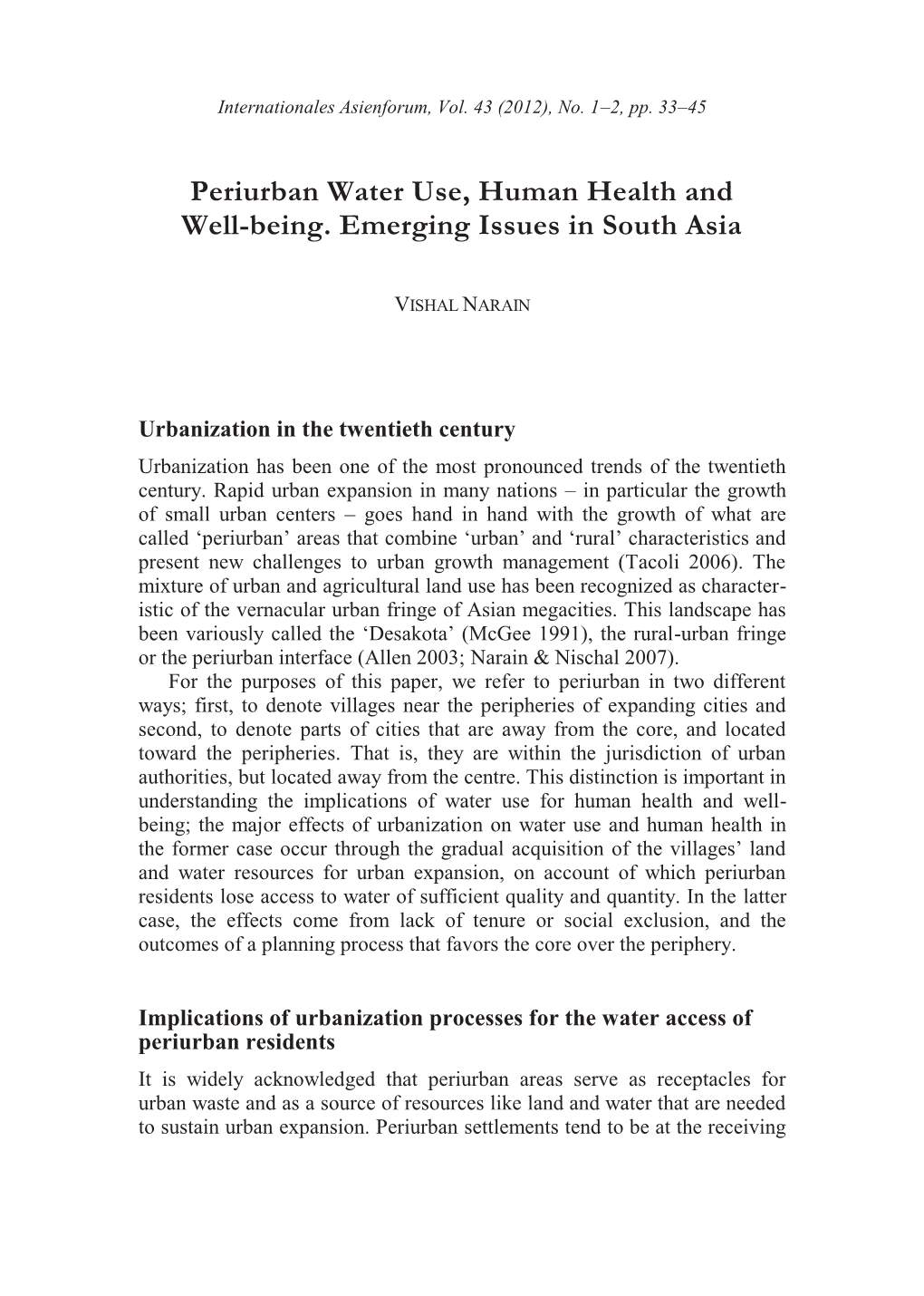 Periurban Water Use, Human Health and Well-Being. Emerging Issues in South Asia