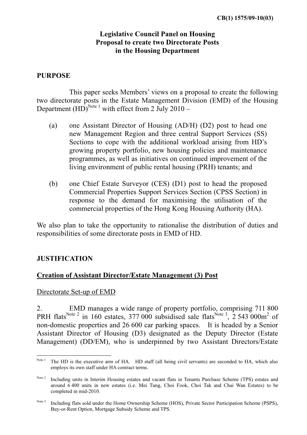 Legislative Council Panel on Housing Proposal to Create Two Directorate Posts in the Housing Department