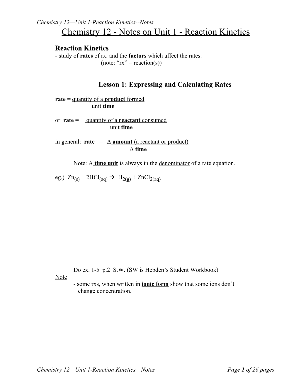 Chemistry 12 - Notes On Unit 1 - Reaction Kinetics