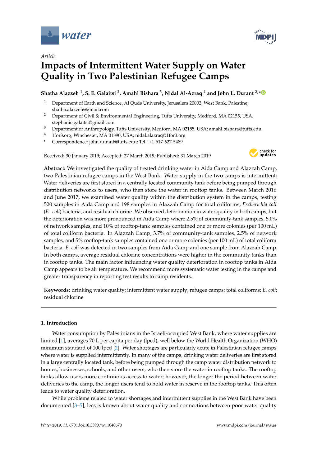 Impacts of Intermittent Water Supply on Water Quality in Two Palestinian Refugee Camps