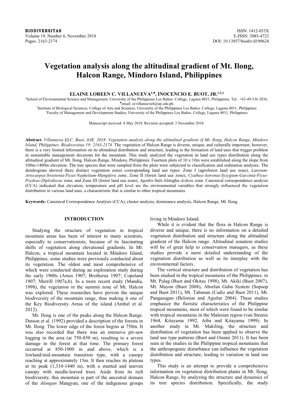 Vegetation Analysis Along the Altitudinal Gradient of Mt. Ilong, Halcon Range, Mindoro Island, Philippines