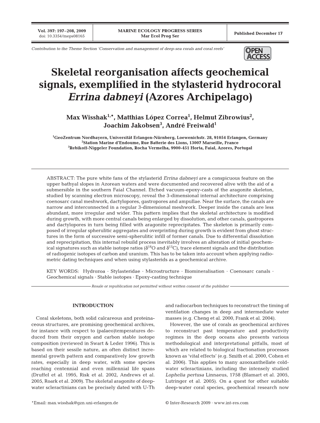Skeletal Reorganisation Affects Geochemical Signals, Exemplified in the Stylasterid Hydrocoral Errina Dabneyi (Azores Archipelago)