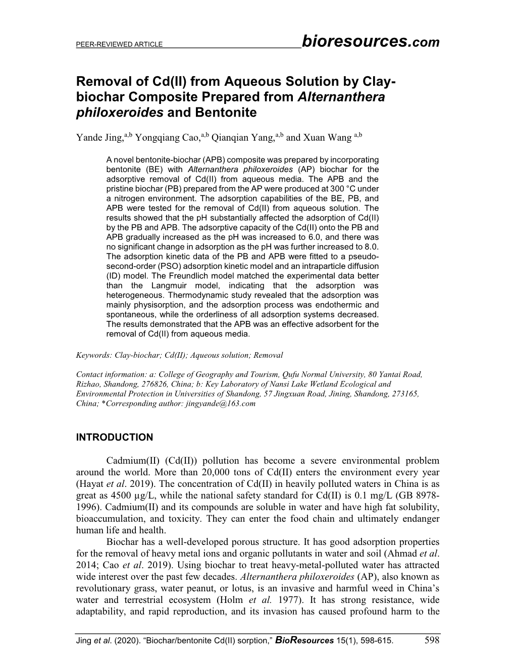 Removal of Cd(II) from Aqueous Solution by Clay- Biochar Composite Prepared from Alternanthera Philoxeroides and Bentonite