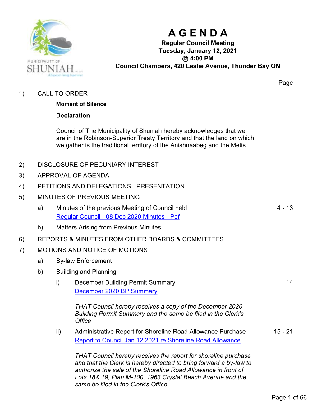 Regular Council Meeting Tuesday, January 12, 2021 @ 4:00 PM Council Chambers, 420 Leslie Avenue, Thunder Bay ON