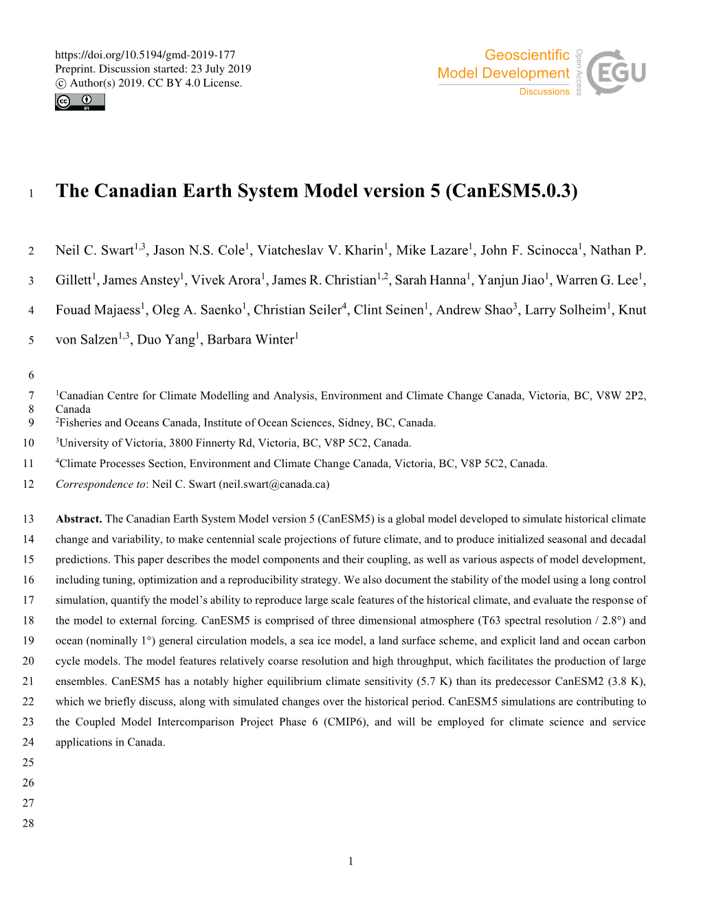 The Canadian Earth System Model Version 5 (Canesm5.0.3)