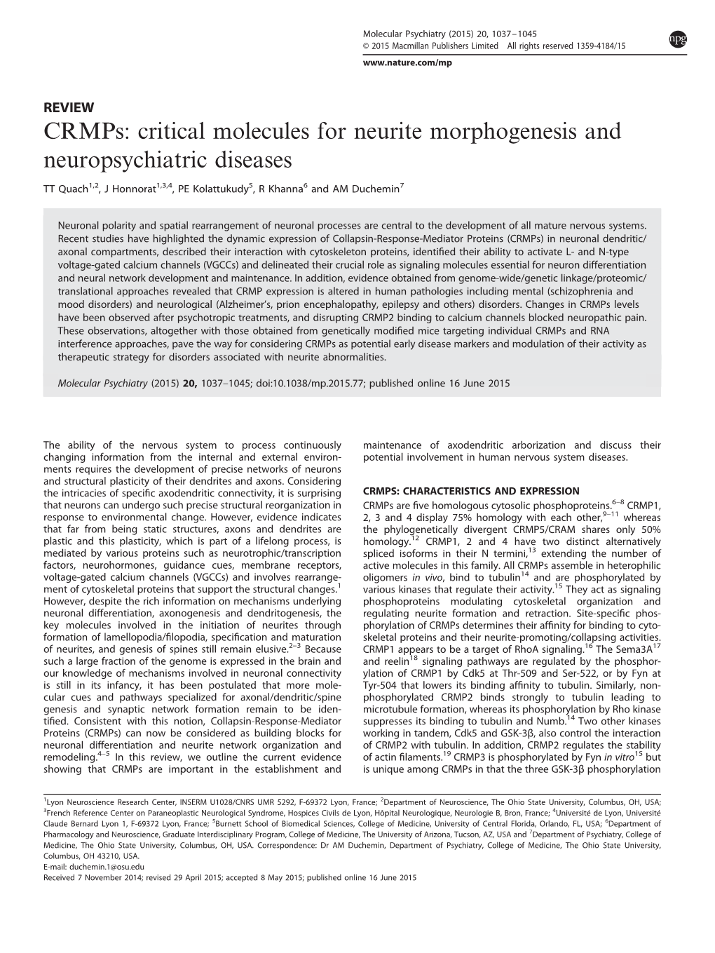 Crmps: Critical Molecules for Neurite Morphogenesis and Neuropsychiatric Diseases