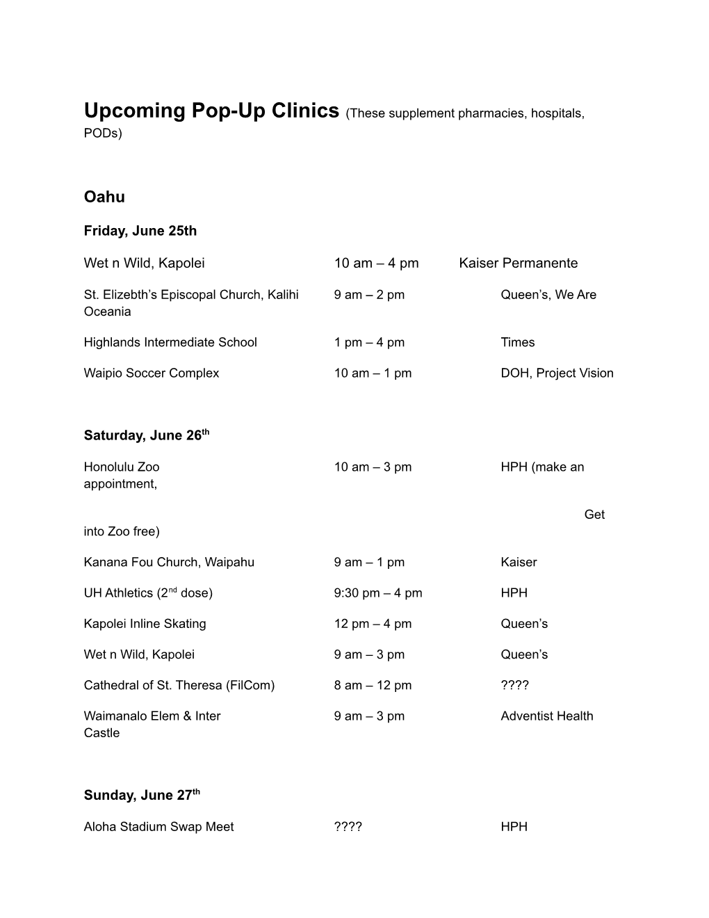 Upcoming Pop-Up Clinics (These Supplement Pharmacies, Hospitals, Pods)