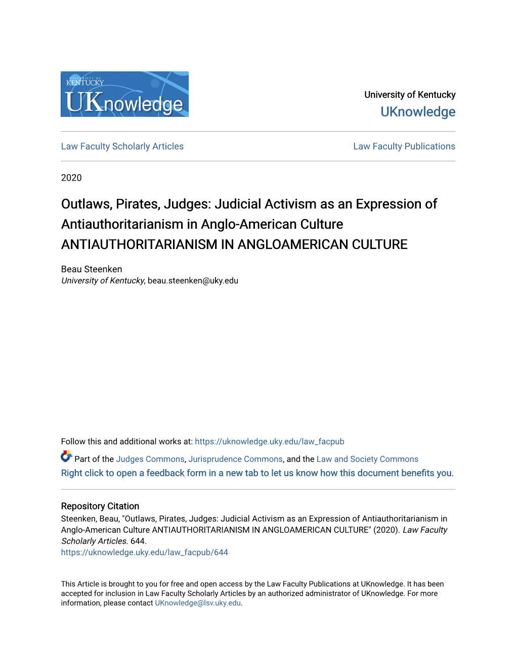 Outlaws, Pirates, Judges: Judicial Activism As an Expression of Antiauthoritarianism in Anglo-American Culture ANTIAUTHORITARIANISM in ANGLOAMERICAN CULTURE