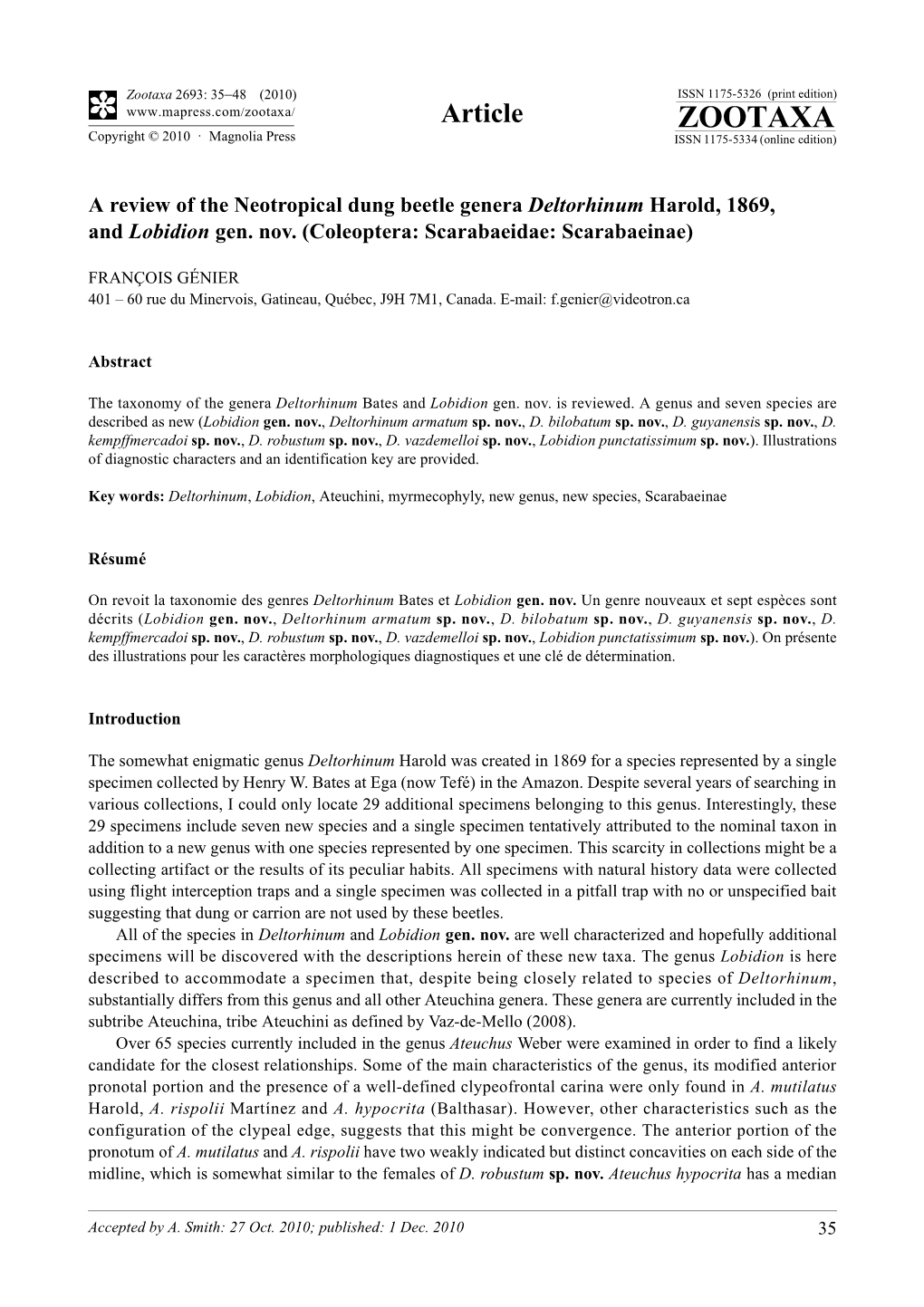 A Review of the Neotropical Dung Beetle Genera Deltorhinum Harold, 1869, and Lobidion Gen