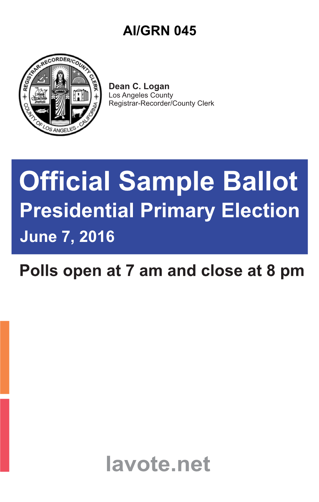 Sample Ballot Presidential Primary Election June 7, 2016