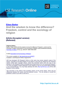 Freedom, Control and the Sociology of Religion