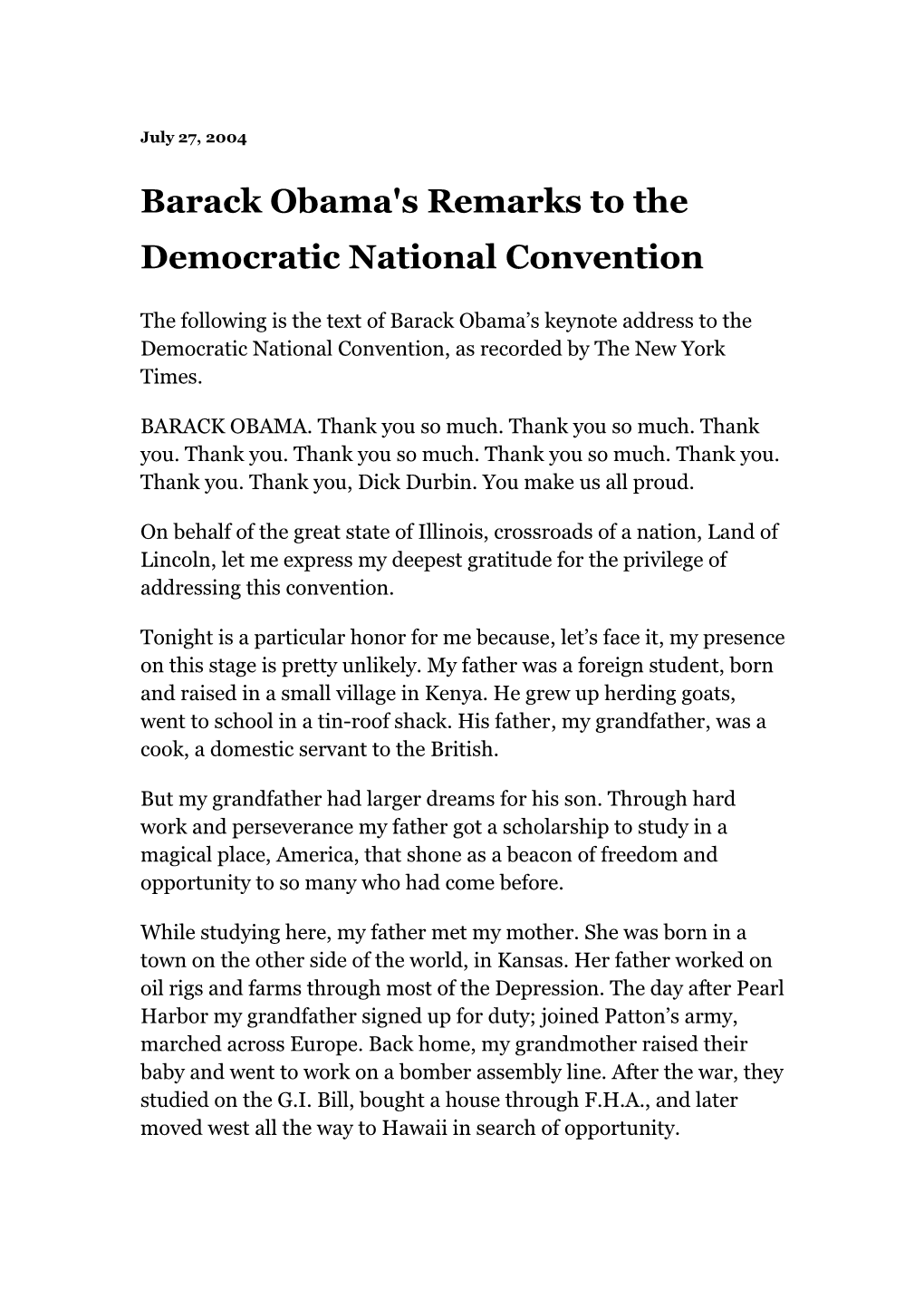 Barack Obama's Remarks to the Democratic National Convention