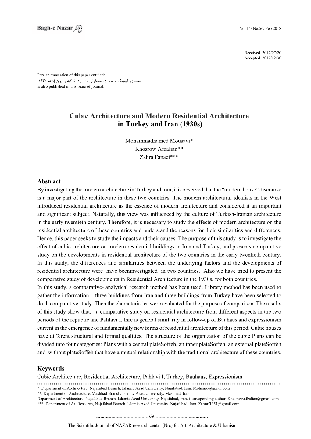 Cubic Architecture and Modern Residential Architecture in Turkey and Iran (1930S)