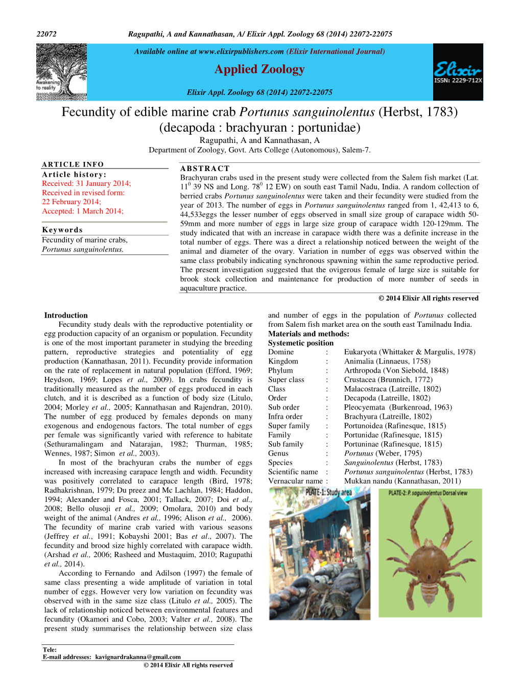 Fecundity of Edible Marine Crab Portunus Sanguinolentus (Herbst