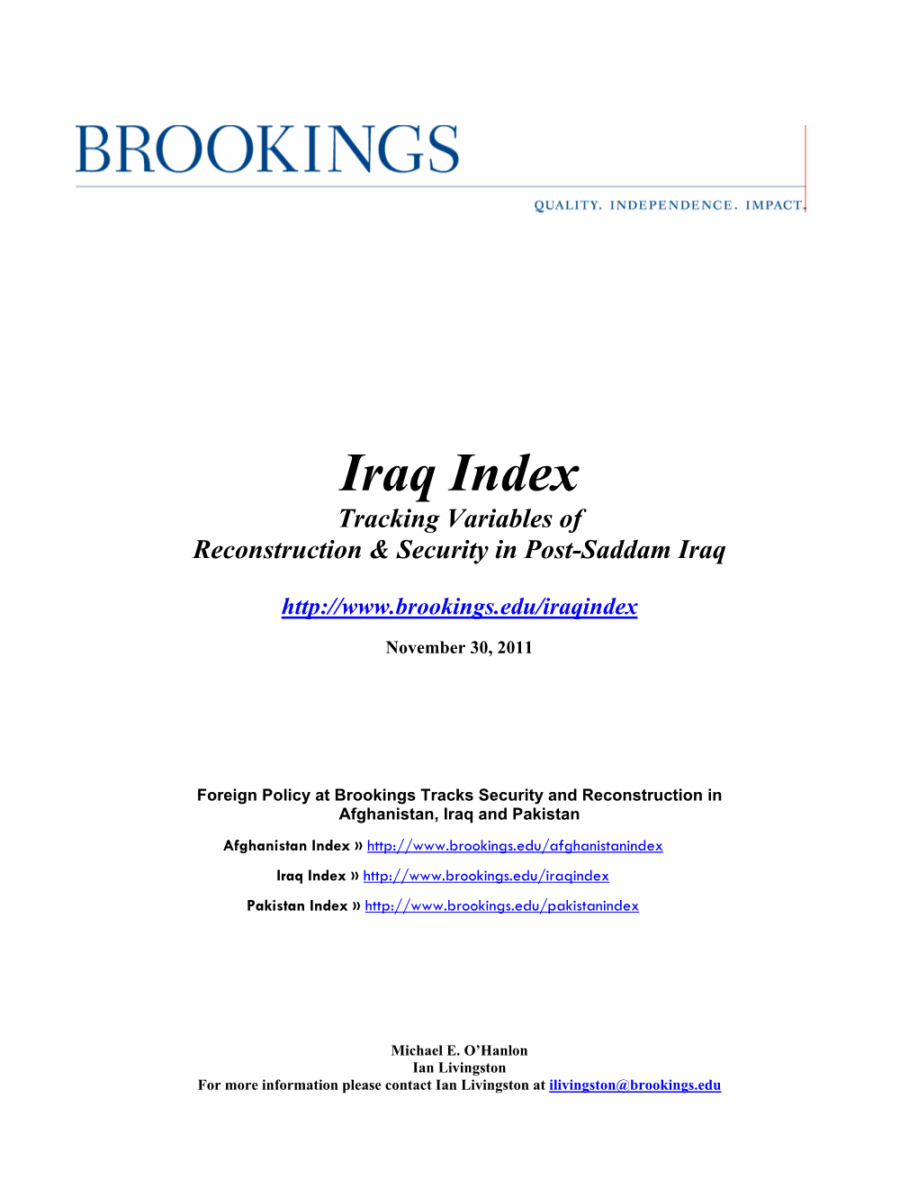 Iraq Index Tracking Variables of Reconstruction & Security in Post-Saddam Iraq