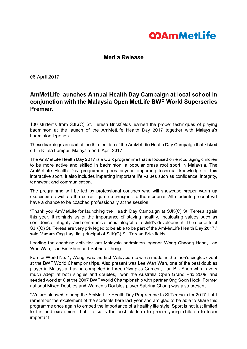 Ammetlife Launches Annual Health Day Campaign at Local School in Conjunction with the Malaysia Open Metlife BWF World Superseries Premier