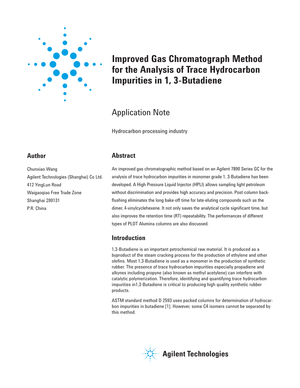 Improved Gas Chromatograph Method for the Analysis of Trace Hydrocarbon Impurities in 1, 3-Butadiene