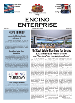 ENCINO ENTERPRISE Volume 1, Issue 17 a Compendious Source of Information November 21, 2019 NEWS in BRIEF Celebrate Small Business Saturday on November 30