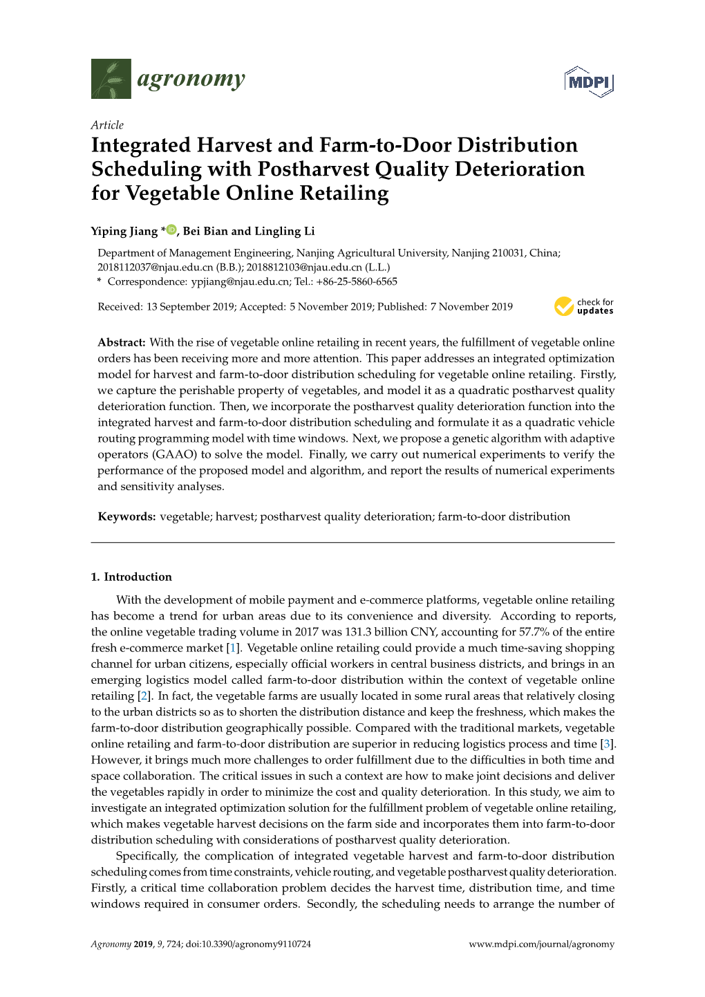 Integrated Harvest and Farm-To-Door Distribution Scheduling with Postharvest Quality Deterioration for Vegetable Online Retailing