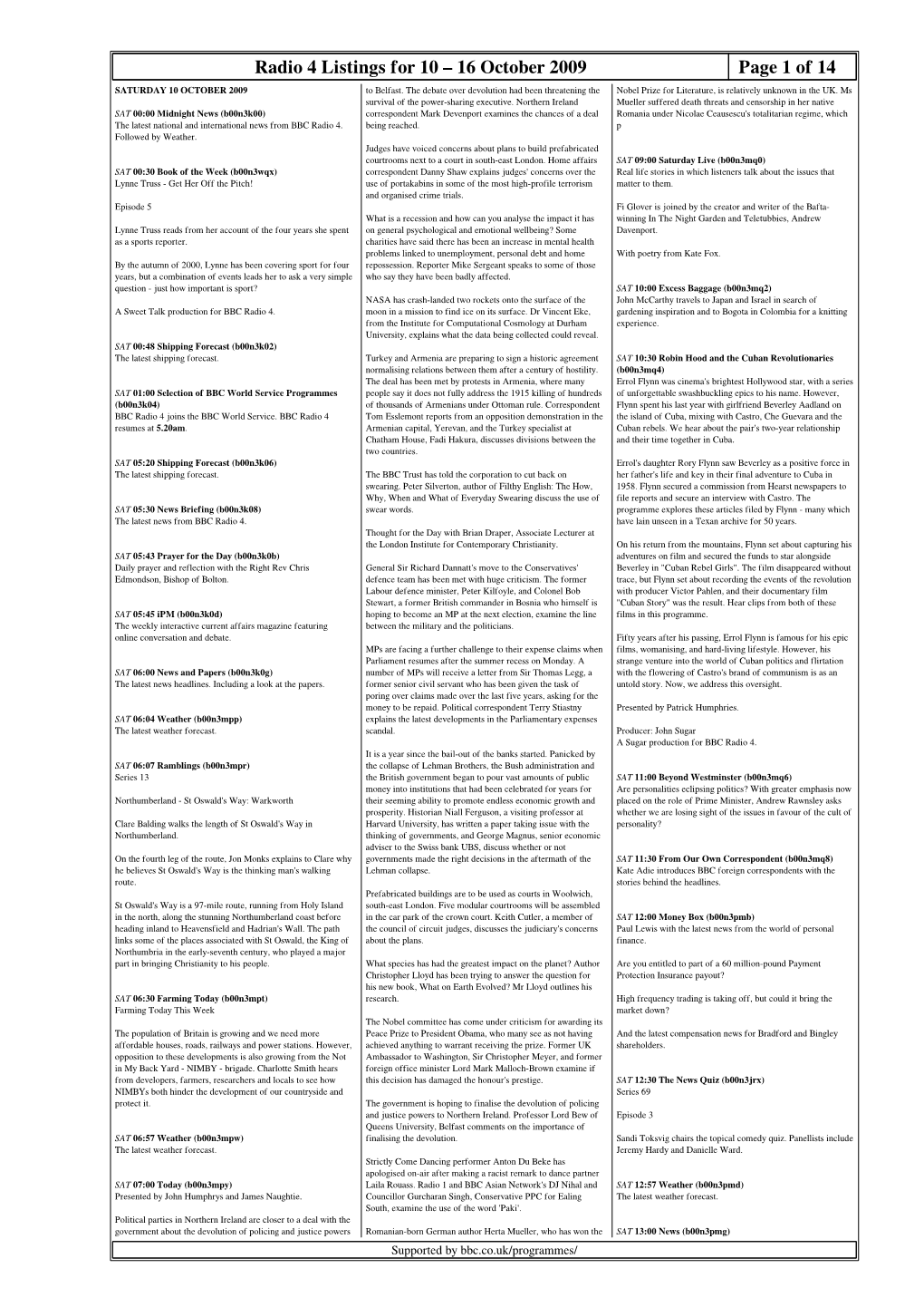 16 October 2009 Page 1 of 14 SATURDAY 10 OCTOBER 2009 to Belfast