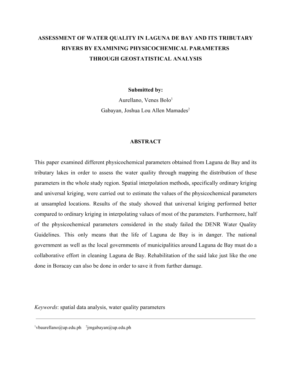 Assessment of Water Quality in Laguna De Bay and Its Tributary Rivers by Examining Physicochemical Parameters Through Geostatistical Analysis